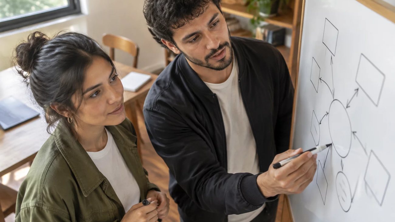 Duas participantes de pé diante do quadro branco, montando um argumento a caneta